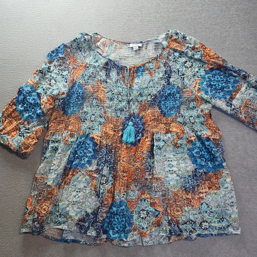 Avenue Tunic Blouse Womens 18/20 Boho Blue Orange Paisley Tassel Peasant Top